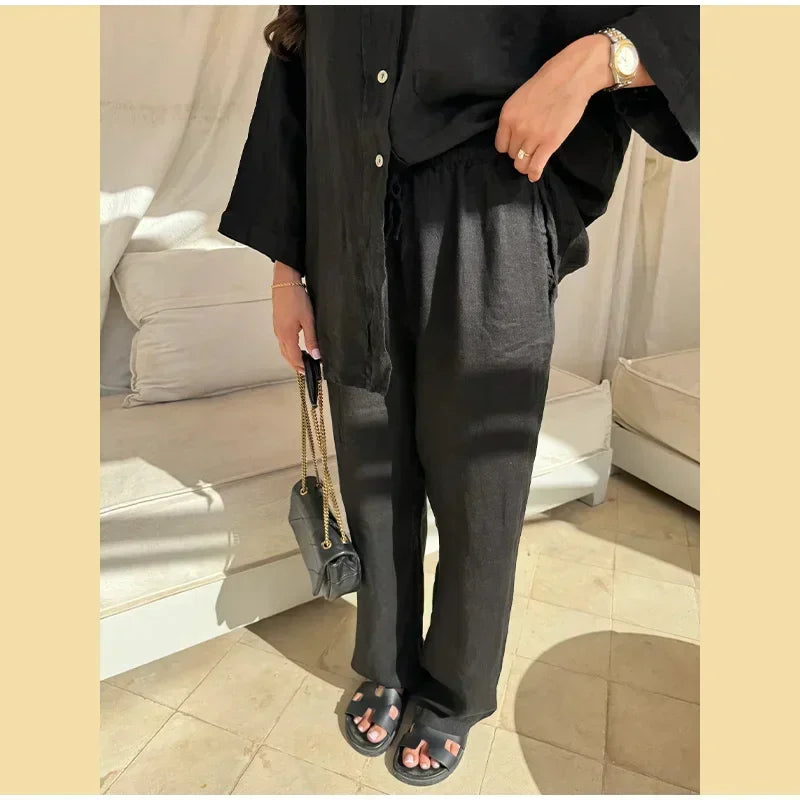 Women Vintage Solid Loose Pants Suit Lapel Single Breasted Long Sleeve Shirt Wide Leg Pants 2 Pcs Set 2025 New Ladies Streetwear
