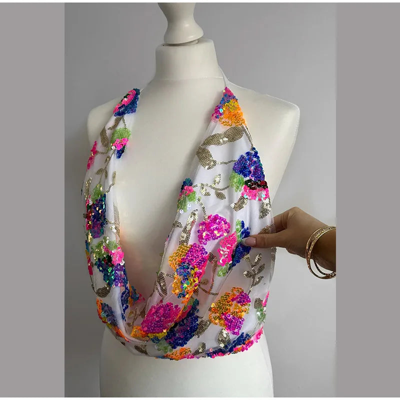 Sexy Sequined Halter Skirt Set Women Sleeveless Lace Up Tops Hip Package A-line Skirts 2025 Summer Lady Chic Party Beach Outfits