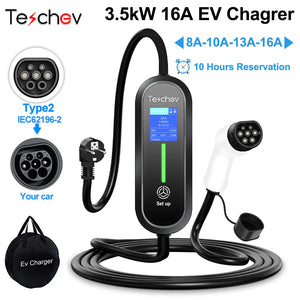Teschev 220V 230V 16A Portable EV Charger Type2 Charging Cable IEC62196-2 Wallbox Cord Schuko Plug for Electric Car