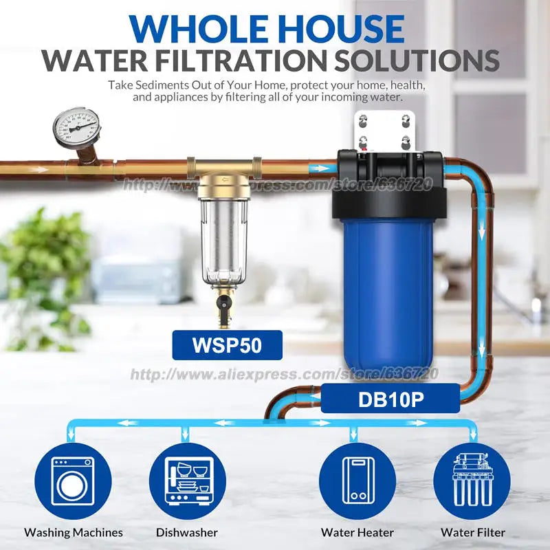 WSP50 Reusable Whole House Spin Down Sediment Water Filter, 50 Micron Flushable Prefilter Filtration, Lead-Free Brass