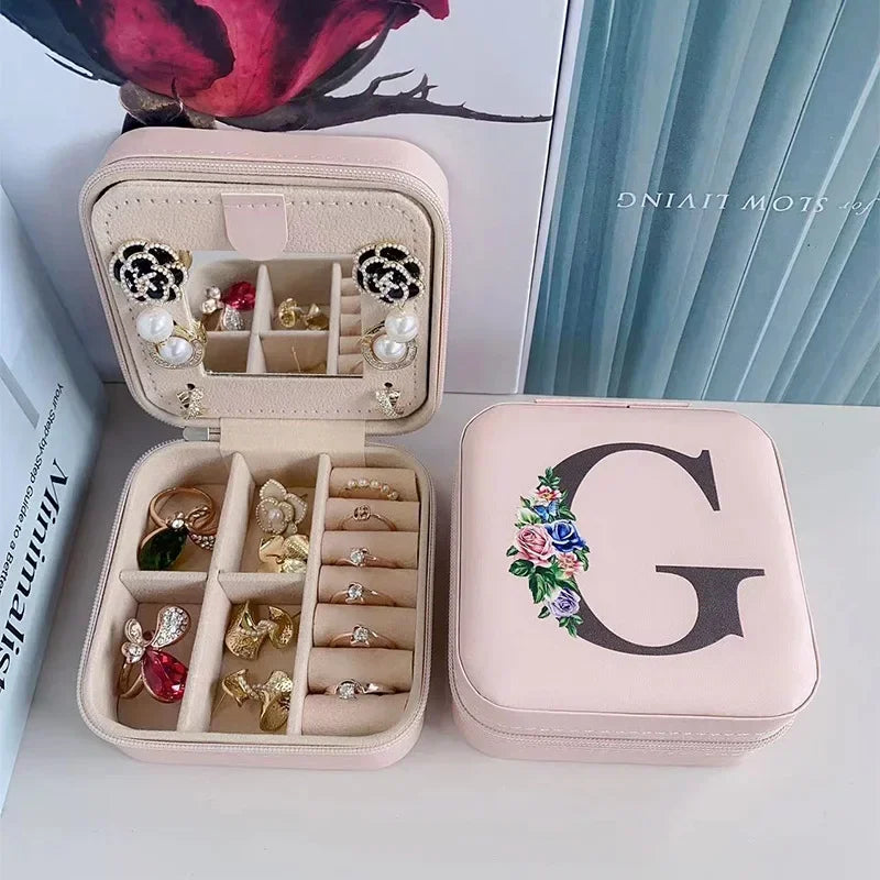Flower&alphabet Jewelry Box Ring Boxes Travel Leather Jewellery Case Letter Print Bridesmaid Proposal Birthday Christmas Gift