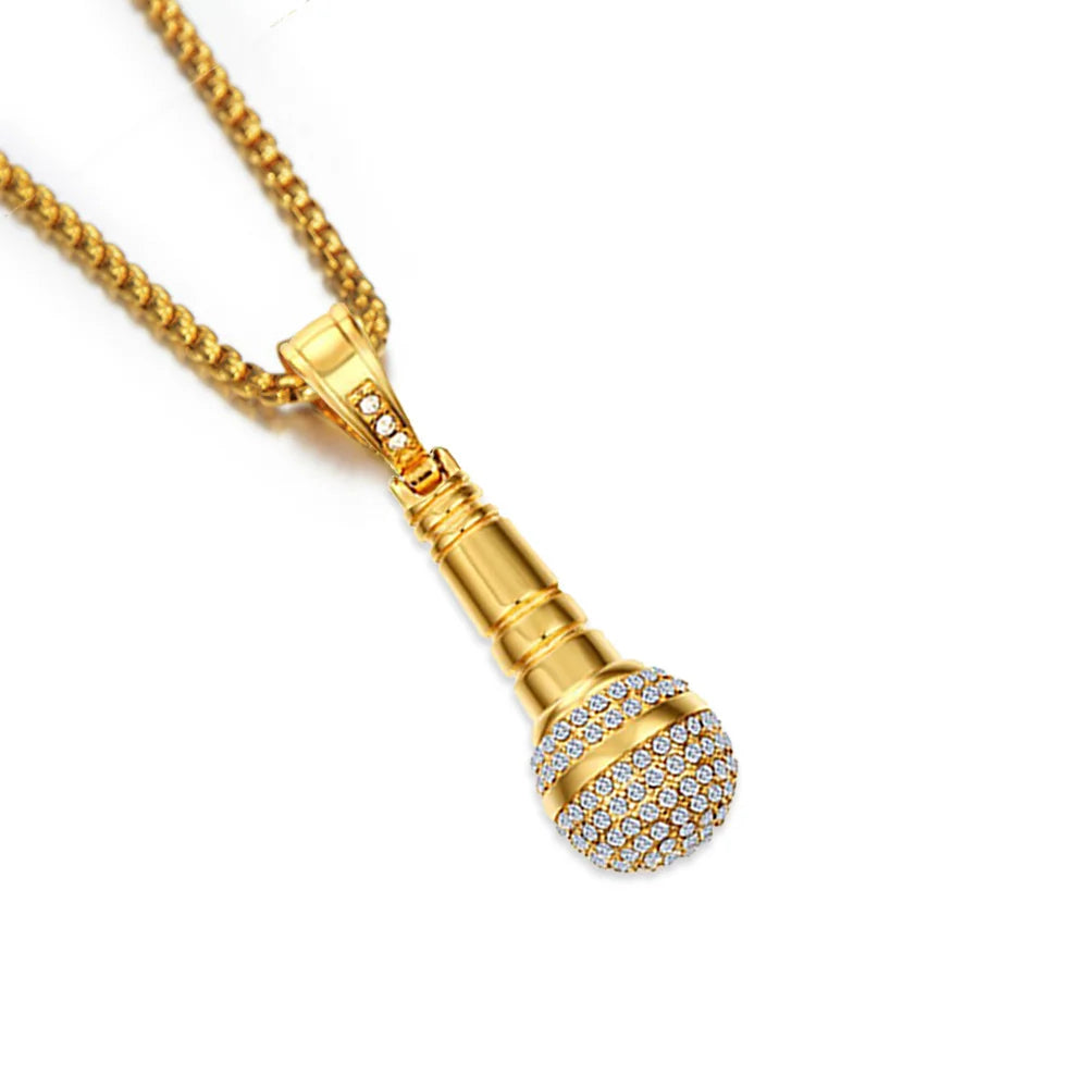 Hip Hop Iced Out Bling Microphone Pendant Gold Silver Color Stainless Steel Music Rapper Necklace for Men Women Jewelry Gift