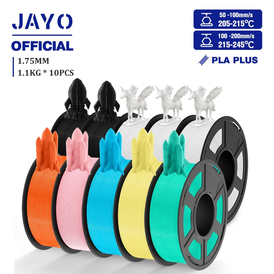 JAYO PLA + 3D Filament 1.75MM 10 Rolls PLA PLUS 3D Printer Filament Neatly Wound 3D Printing Filament 1.1kg Spool High Toughness
