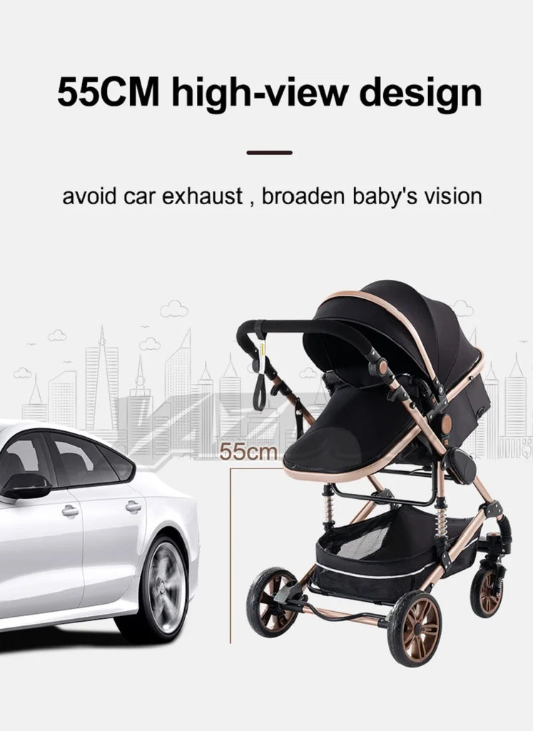 Luxurious 3 in 1 Baby Stroller Portable Travel Baby Carriage Folding Prams Aluminum Frame High Landscape Car for Newborn Baby BLACK