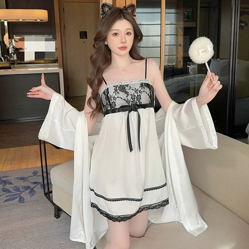 Sexy Lace Edge Nighty&Robe Set Spring Summer Suspender Nightdress Lingerie Home Dress Silky Satin Casual Bathrobe Kimono Gown