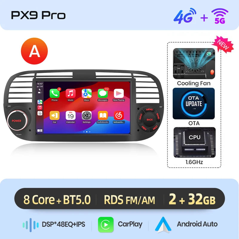 AWESAFE Wireless CarPlay for Apple Android 13 Auto Radio for FIAT 500 Abarth 2007 2008 2009-2015 Multimedia Screen Stereo GPS