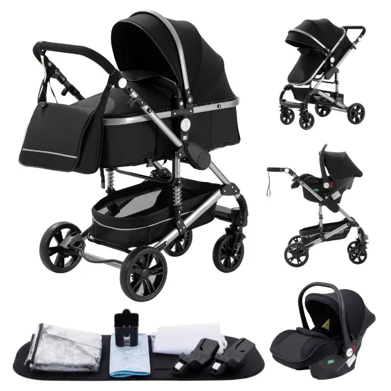 Luxurious 3 in 1 Baby Stroller Portable Travel Baby Carriage Folding Prams Aluminum Frame High Landscape Car for Newborn Baby BLACK