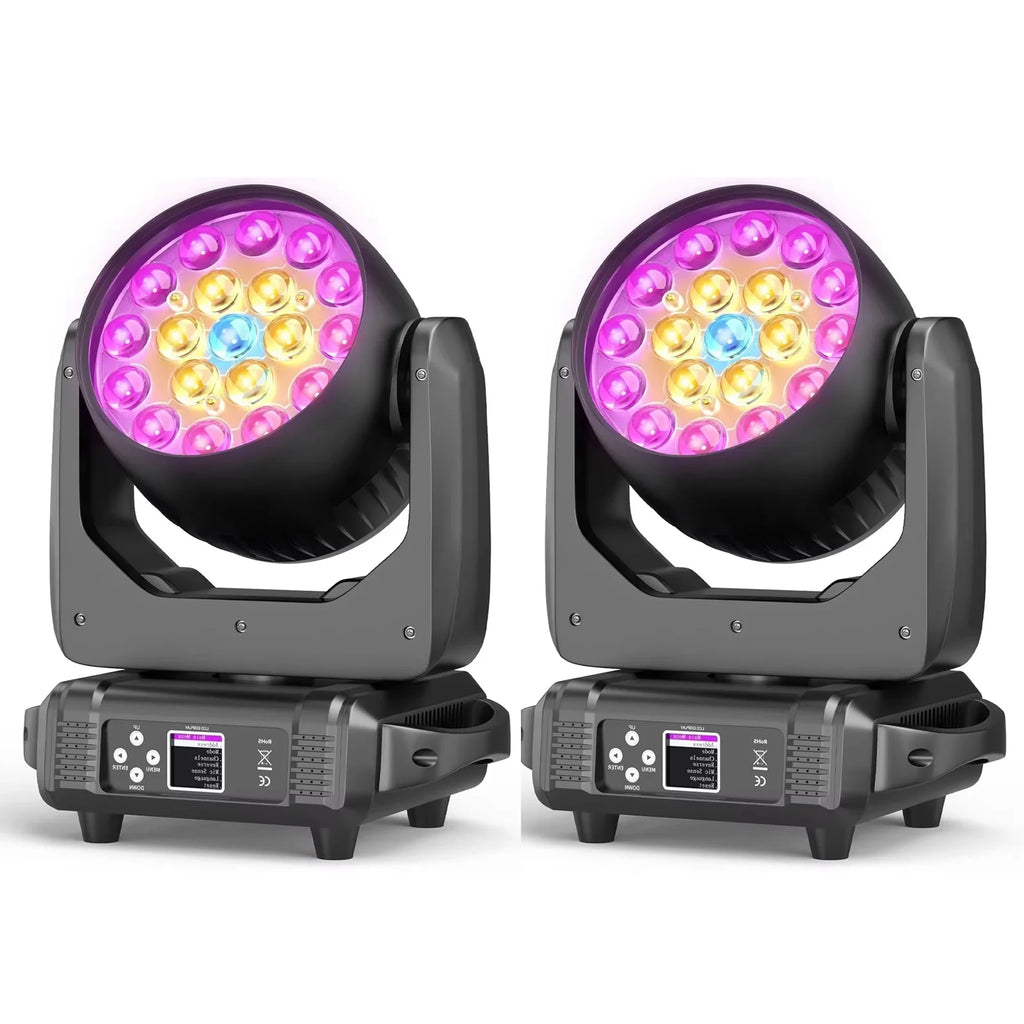 Yiflamefly 2Pcs Moving Head Lights With19X15W RGBW LED DMX512 Stage Light For DJ Karaoke Dance Hall KTV Disco Bar Stage Lighting