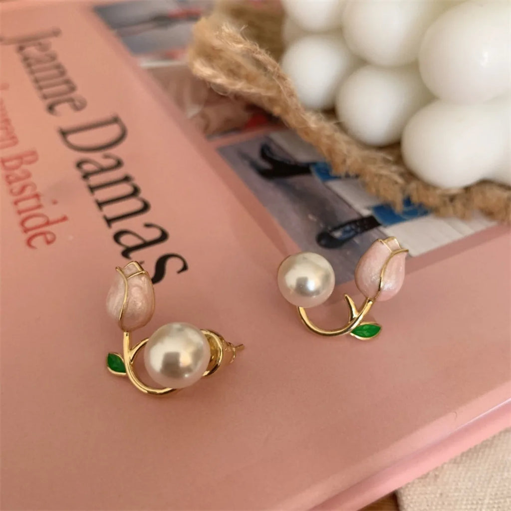 2pc French Tulip Flower Stud Earrings Light Luxury Imitation Pearl Earrings Women's Fashion Summer Female Ear Jewelry Party Gift