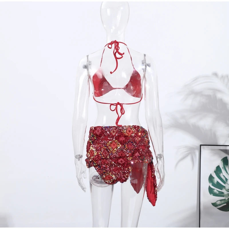Sexy Sequin Bikini Skirt Sets Women Halter Backless Sleeveless Bikinis Lace Up Slim Mini Skirts Set 2025 Summer Lady Beach Suits