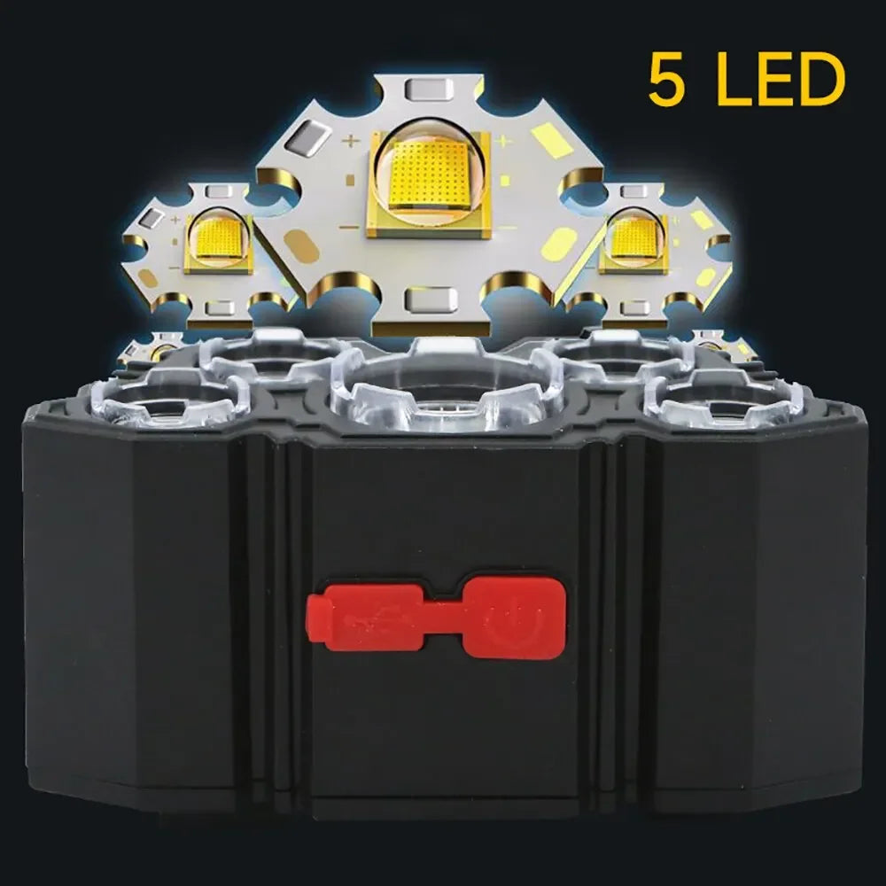 5 LED Flashlight Rechargeable with Built in Lithium Battery Strong Head Light Camping Adventure Fishing Cycling Headlamp