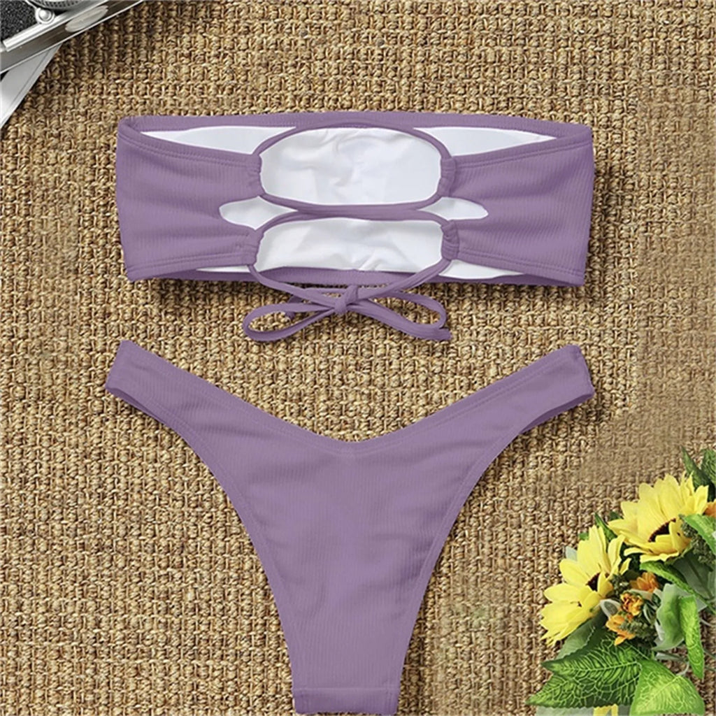 Sexy Textured Bikini 2024 Bandeau Swimsuit Women Swimwear Push Up Bikini Set Solid Bathing Suit Beach Wear Biquini Female