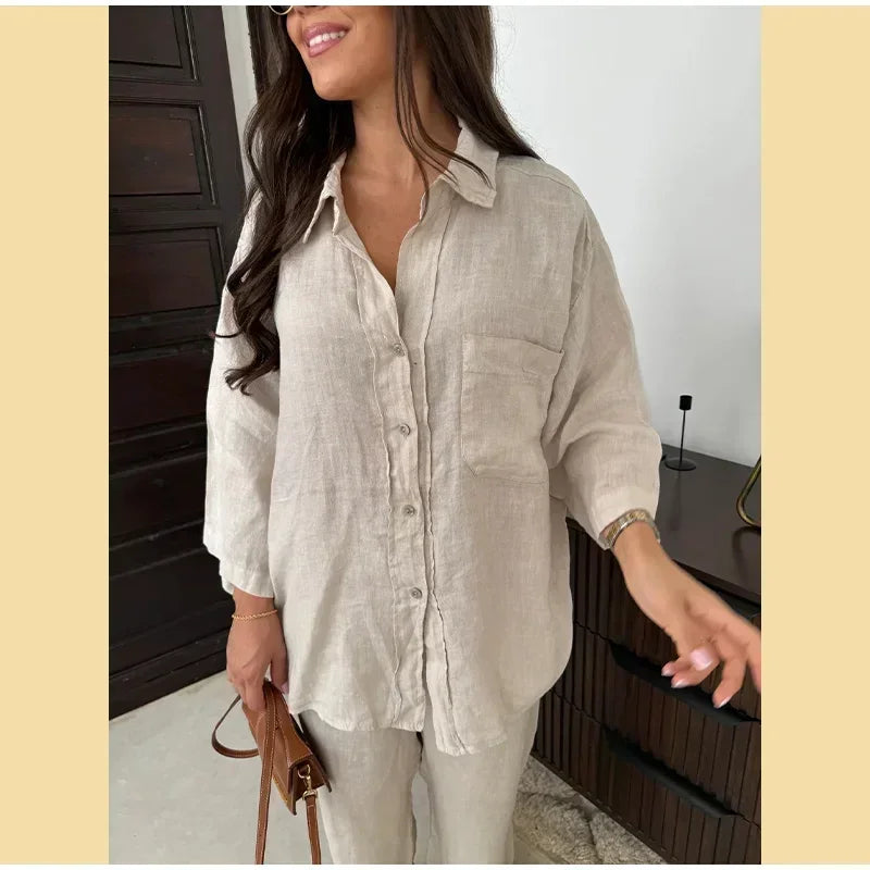 Women Vintage Solid Loose Pants Suit Lapel Single Breasted Long Sleeve Shirt Wide Leg Pants 2 Pcs Set 2025 New Ladies Streetwear