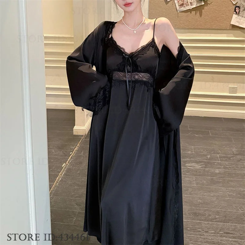 Women Long Twinset Robe Set Sexy Lace Trim Wedding Bathrobe Kimono Gown Sleepwear Elegant Ice Silk Nightgown Loungewear Homewear