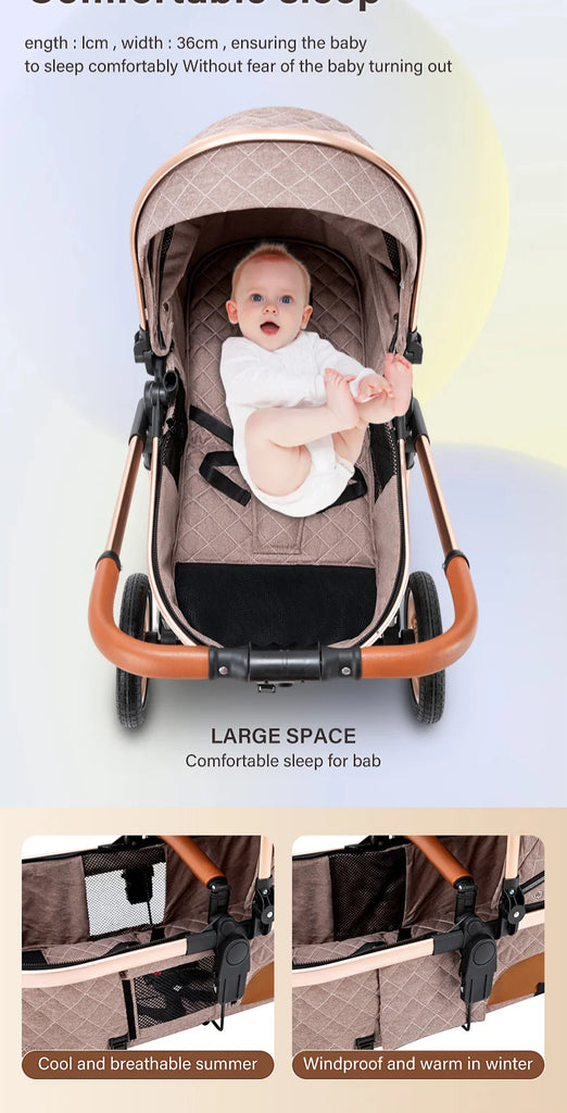 Luxurious Baby Stroller 3 in 1 Portable Travel Baby Carriage Folding Prams High Landscape Aluminum Frame Car for Newborn Baby