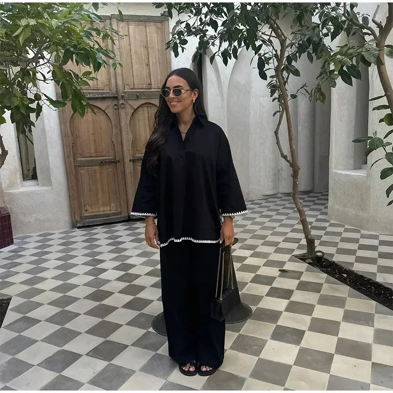 Women Vintage Solid Loose Pants Suit Lapel Single Breasted Long Sleeve Shirt Wide Leg Pants 2 Pcs Set 2025 New Ladies Streetwear