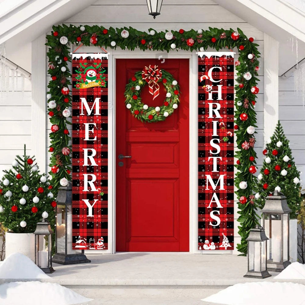 Christmas Decorations Outdoor Yard Front Porch Sign Set Red Black Buffalo Plaid Door Banner Hanging Merry Christmas Decorations