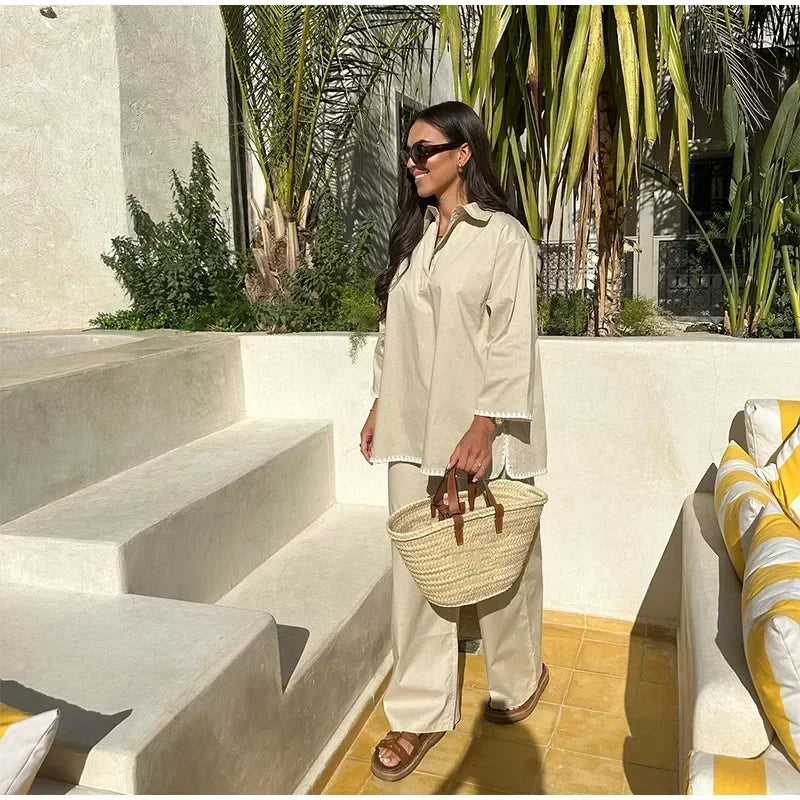 Women Vintage Solid Loose Pants Suit Lapel Single Breasted Long Sleeve Shirt Wide Leg Pants 2 Pcs Set 2025 New Ladies Streetwear