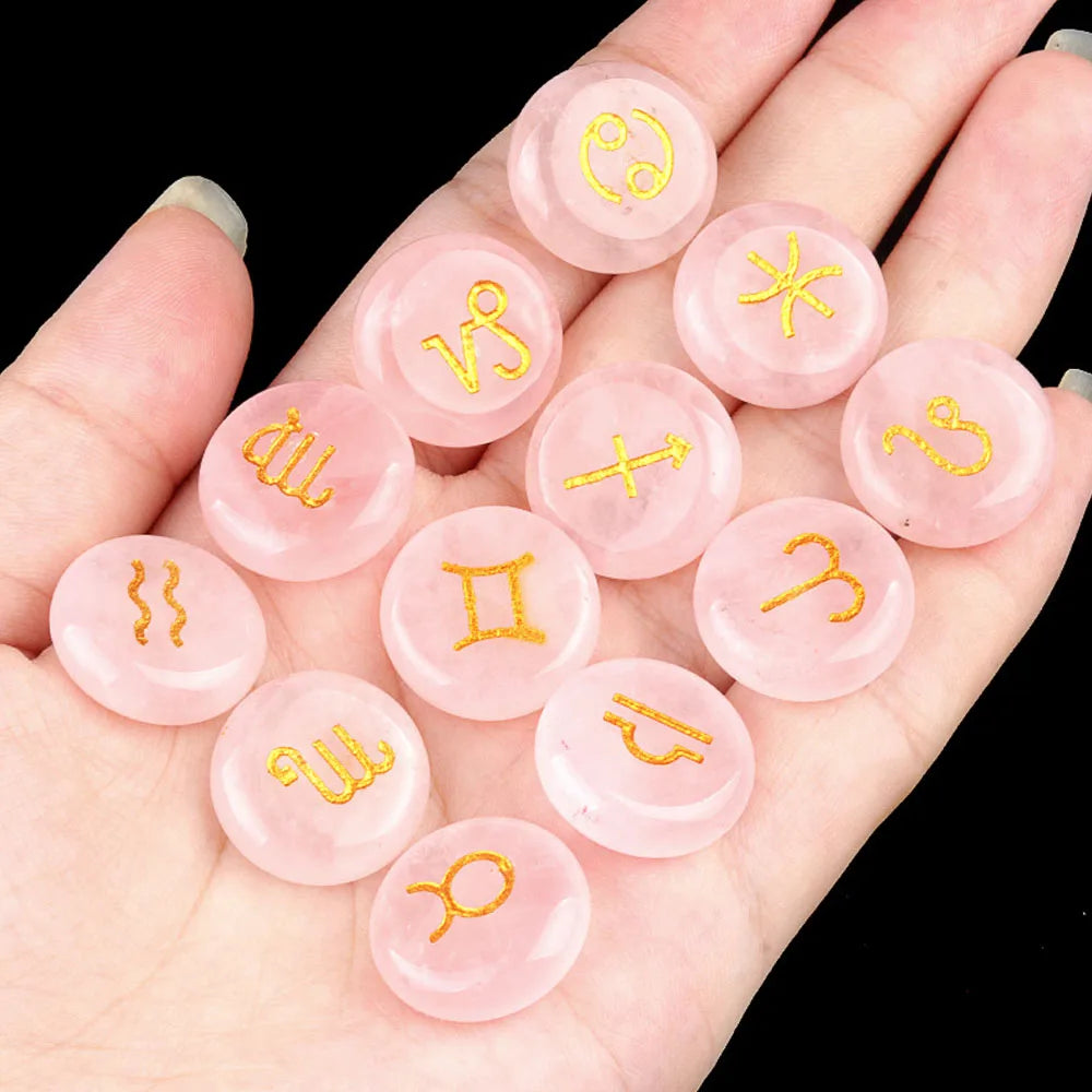 12pcs 18mm Round Zodiac Ornament Natural Stone Crystal Agate 12 Zodiac Sign Rune Reiki Stone Jewelry Accessories Christmas Gift