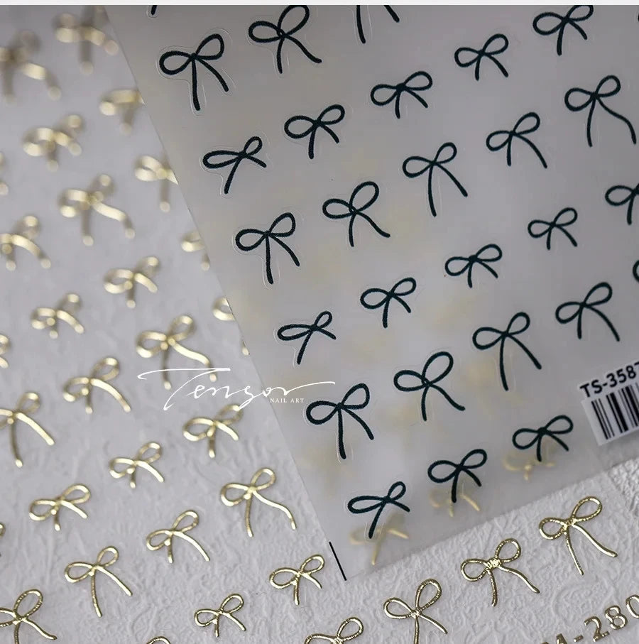 Lovely Gold Silver Black White Line Bowknot 3D Self Adhesive Nail Art Decorations Stickers Ribbon Cute Manicure Decals Wholesale
