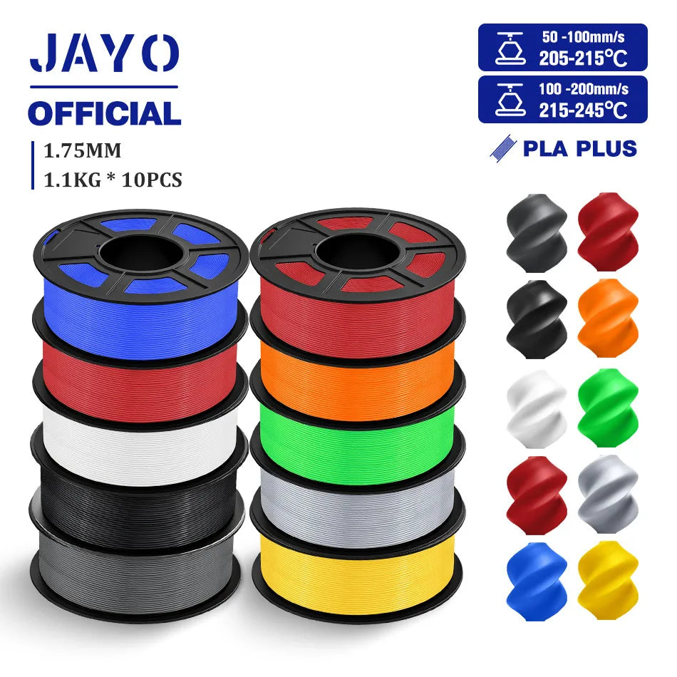 JAYO PLA + 3D Filament 1.75MM 10 Rolls PLA PLUS 3D Printer Filament Neatly Wound 3D Printing Filament 1.1kg Spool High Toughness