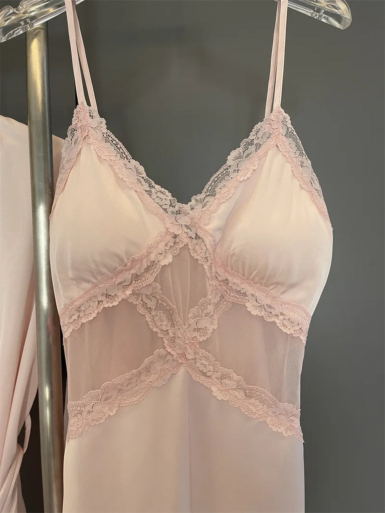 Sexy Female Nighty&Robe Set Lingerie Spring Summer Bathrobe Nightgown Two Piece Set Loose Silk Satin Home Dress Lounge Wear