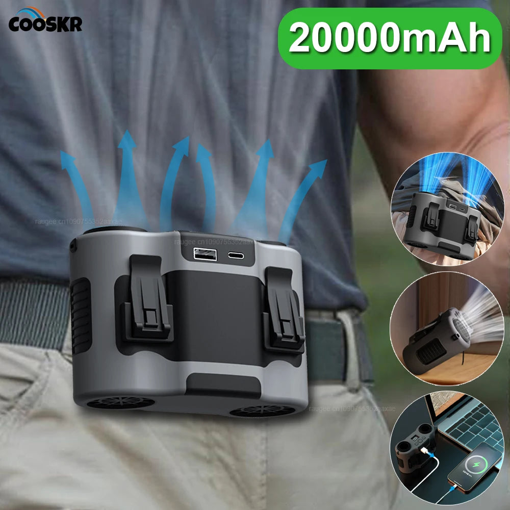 Waist Fan Wireless Waist Clip Fan Portable Clip on Wearable Belt 20000mAh USB Rechargeable with Power Bank for Outdoor Camping