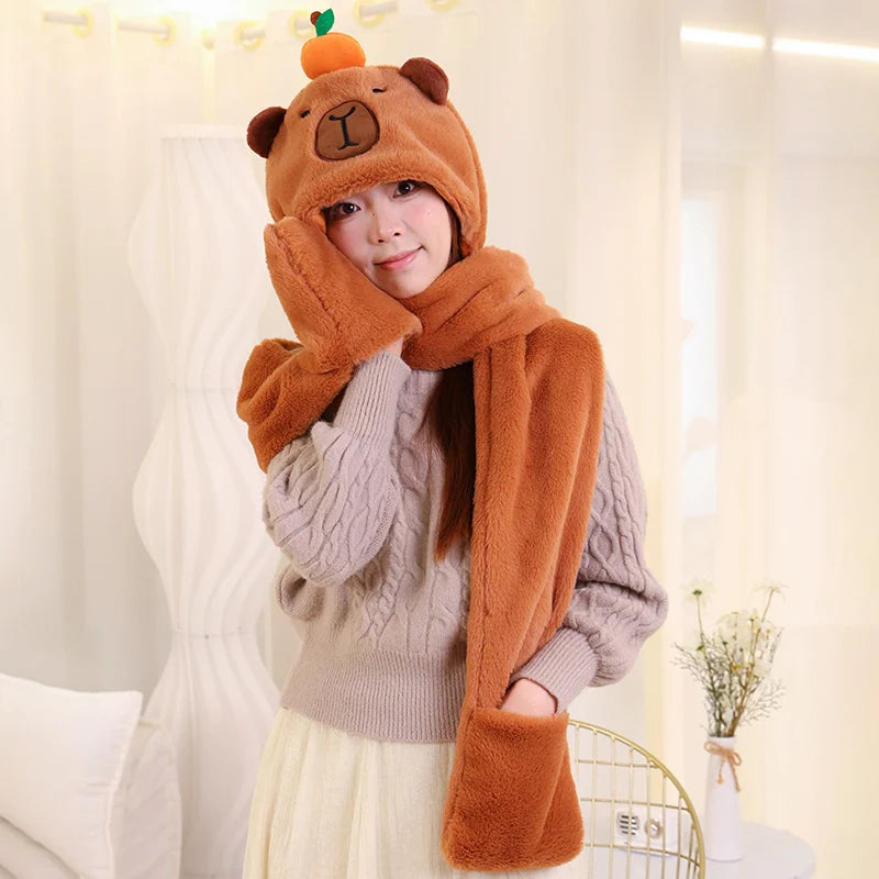 High Quality New Capybara Plush Hat Scarf Gloves 3-in-1 Elk Creative Cartoon Super Soft Warm Christmas Gift For Boys And Girls