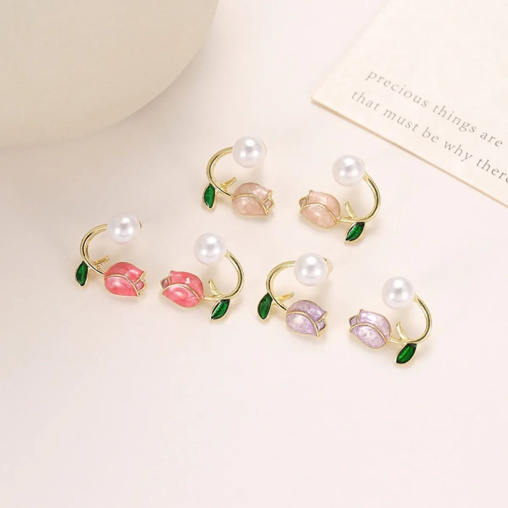 2pc French Tulip Flower Stud Earrings Light Luxury Imitation Pearl Earrings Women's Fashion Summer Female Ear Jewelry Party Gift