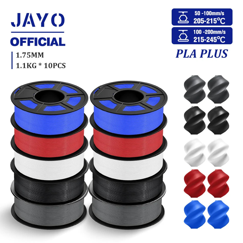 JAYO PLA + 3D Filament 1.75MM 10 Rolls PLA PLUS 3D Printer Filament Neatly Wound 3D Printing Filament 1.1kg Spool High Toughness