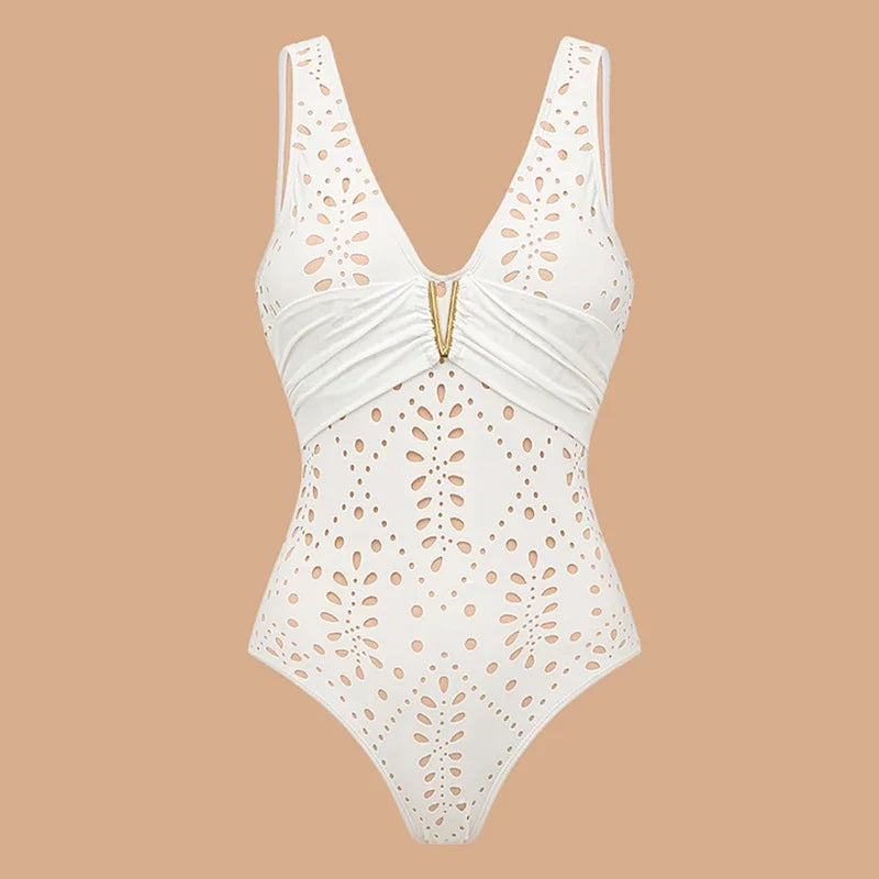 Women Bikini Set Swimsuit Sexy V Neck Solid Color Laser Cutting Flower Swimsuit Beachwear Luxury Summer Beachwear Dress