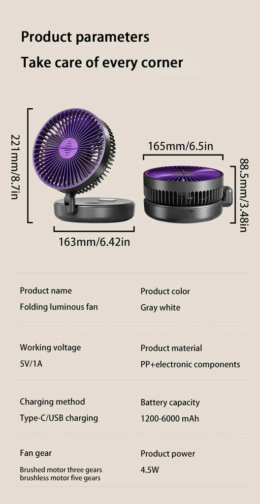 Xiaomi 5000mAh Charge Fan 3 in 1 Multifunctional Fan Brushless Motor Wall-mounted Design 90° Foldable 4 Speed Gears Night Light