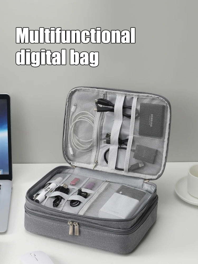 Black Oxford Cloth Electronic Accessory Storage Bag, Cube Travel Bag, Portable Data Cable Headphone Organizer Bag Office suppli