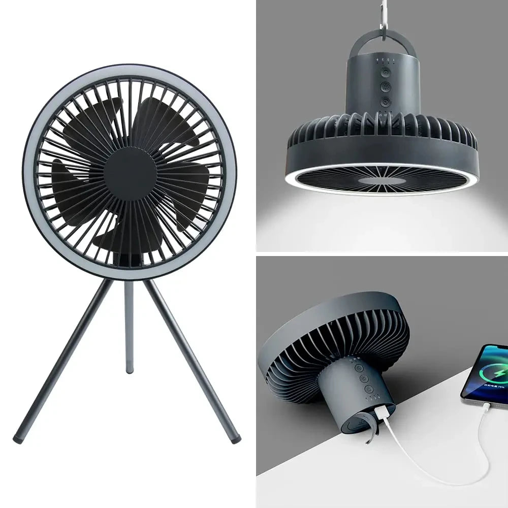10000mAh Camping Fan Rechargeable Desktop Portable Circulator Wireless Ceiling Electric Fan with Power Bank LED Lighting