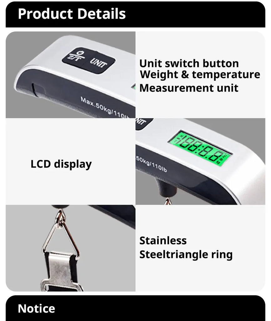 110Lb/50Kg Hanging Baggage Scale Digital Luggage Scale LCD Display Portable Suitcase Weighing Scale Travel Luggage Weight Scale
