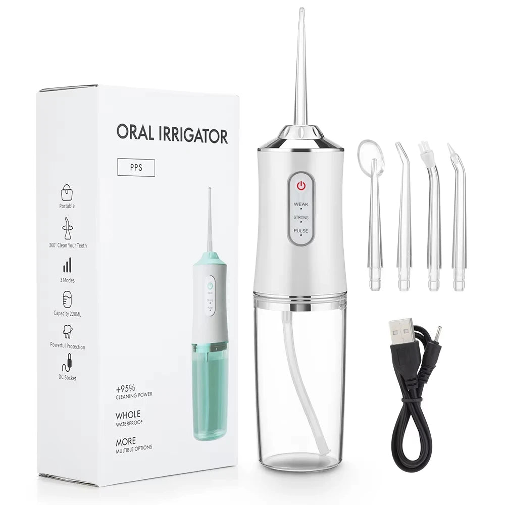 Oral Irrigator Portable Dental Water Flosser USB Rechargeable Water Jet Floss Tooth Pick 4 Jet Tip 220ml 3 Modes IPX7 1400rpm