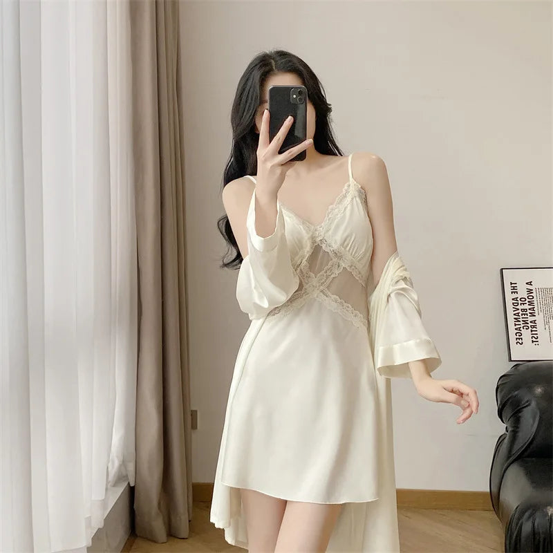 Sexy Female Nighty&Robe Set Intimate Lingerie Two Piece Summer Lace Flower Kimono Bathrobe Gown Sleepwear Set Satin Dress