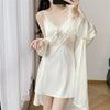 Sexy Female Nighty&Robe Set Intimate Lingerie Two Piece Summer Lace Flower Kimono Bathrobe Gown Sleepwear Set Satin Dress
