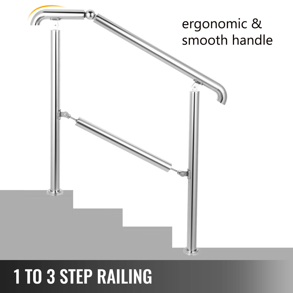 SucceBuy 3-5 Step Railing Stainless Steel Transitional Handrail Fit For Level Surface Adjustable Stair Railing Safely Downstairs