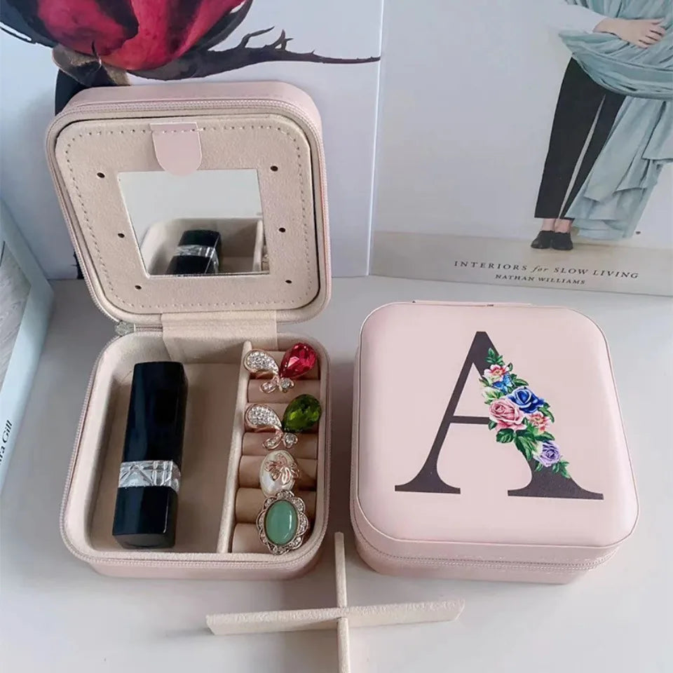 Flower&alphabet Jewelry Box Ring Boxes Travel Leather Jewellery Case Letter Print Bridesmaid Proposal Birthday Christmas Gift