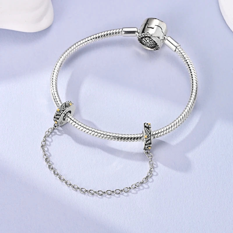 925 Sterling Silver Safety Chain Aircraft Earth Camera Daisy Silicone Charms Beads Fit Original Bracelets DIY Jewelry For Women