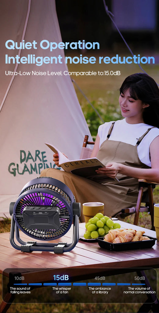 Portable 6 in 1 Outdoor Camping Fan 20000mAh Rechargeable Wireless Tent Ceiling Fan 4 Speed Adjustment LED Lighting Power Bank