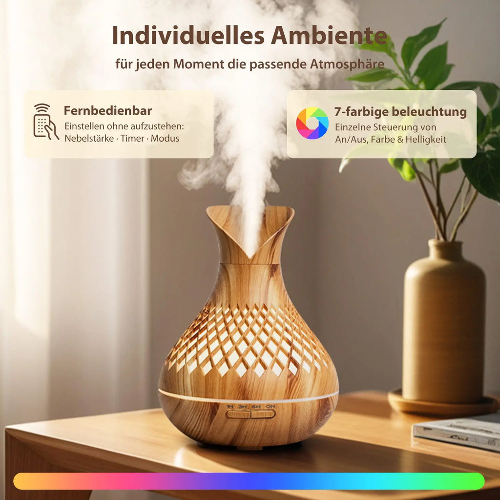 500ml Wood Grain Humidifier with Flowers, Quiet Aromatherapy Diffuser, USB Rechargeable Mini Humidifier with Colorful Night Ligh