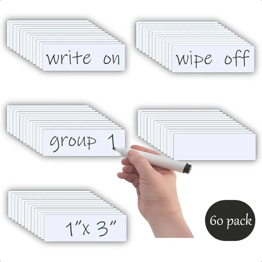 Dry Erase Magnetic Labels 1x3Pack of 60 Write On Magnets Sticker Real Waterproof Reusable for ClassroomandOfficeandCabinetandwh