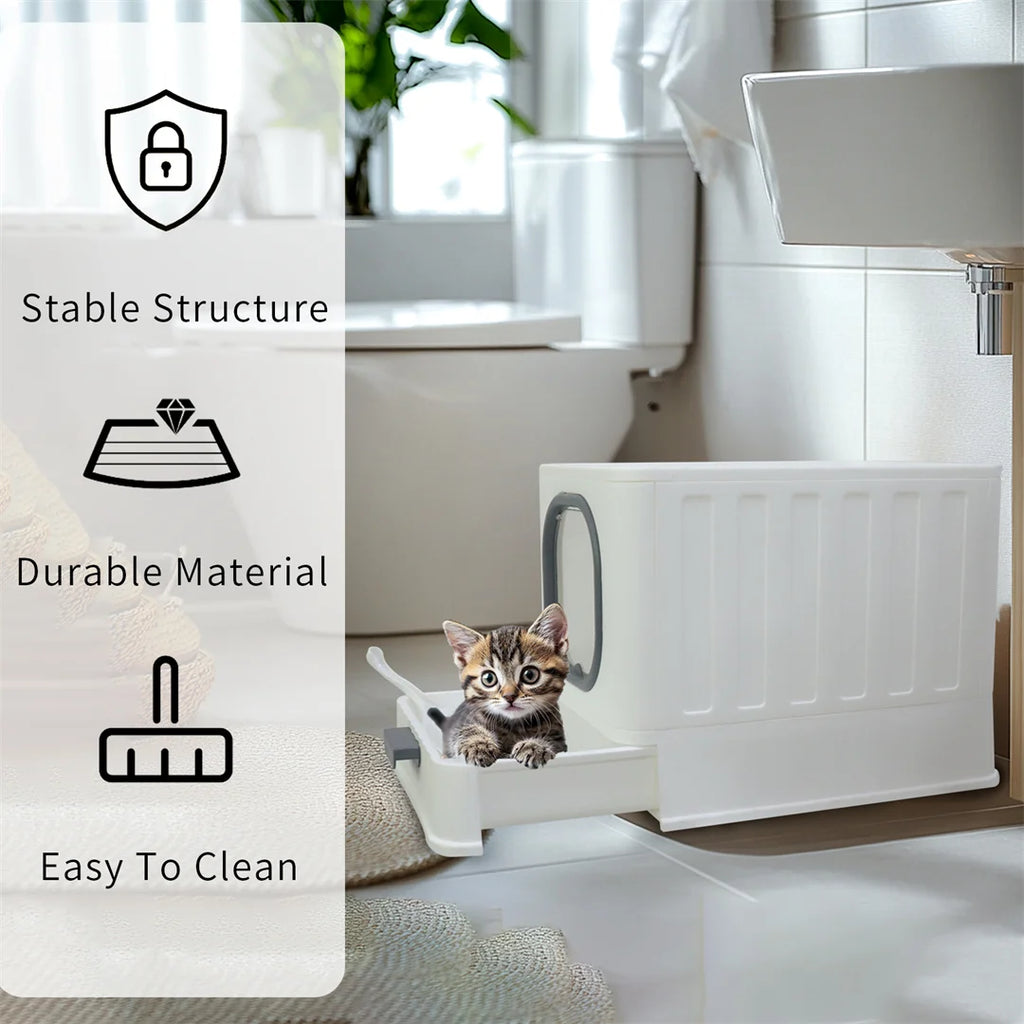 BingoPaw Cat Litter Tray Box: Foldable Top Entry Extra Large Cats Toilet with Lid Kitten Litter Tray Easy Cleaning Drawer Design