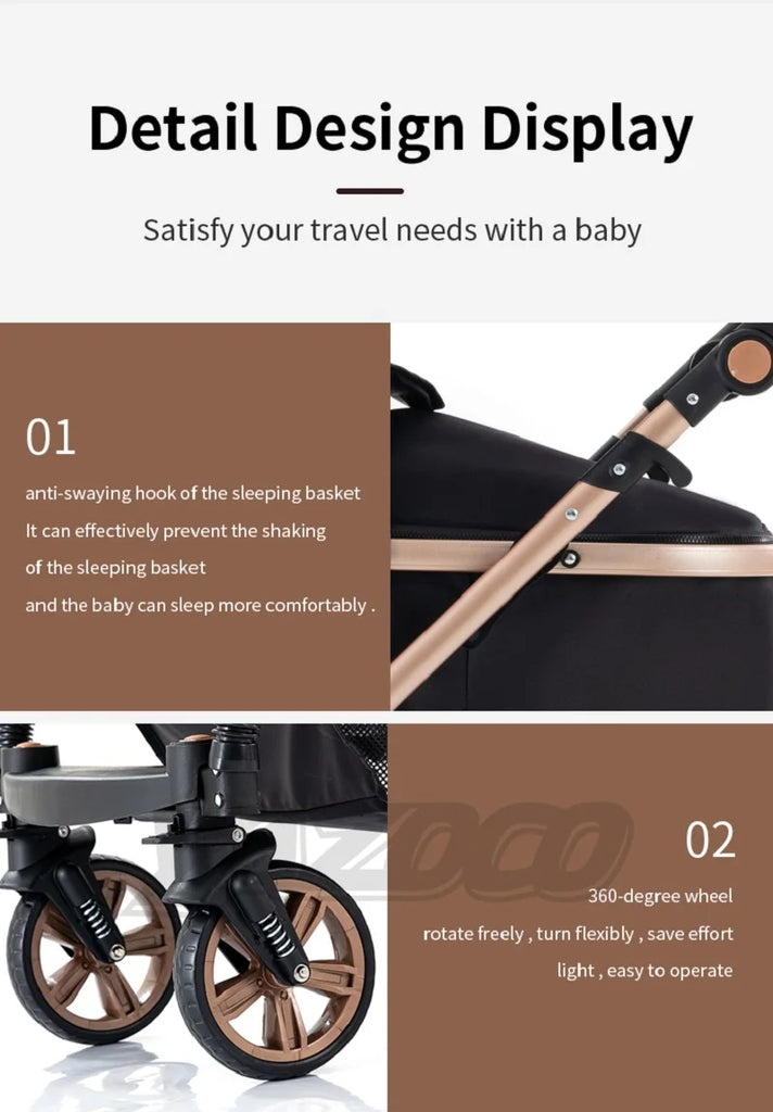 Luxurious 3 in 1 Baby Stroller Portable Travel Baby Carriage Folding Prams Aluminum Frame High Landscape Car for Newborn Baby BLACK
