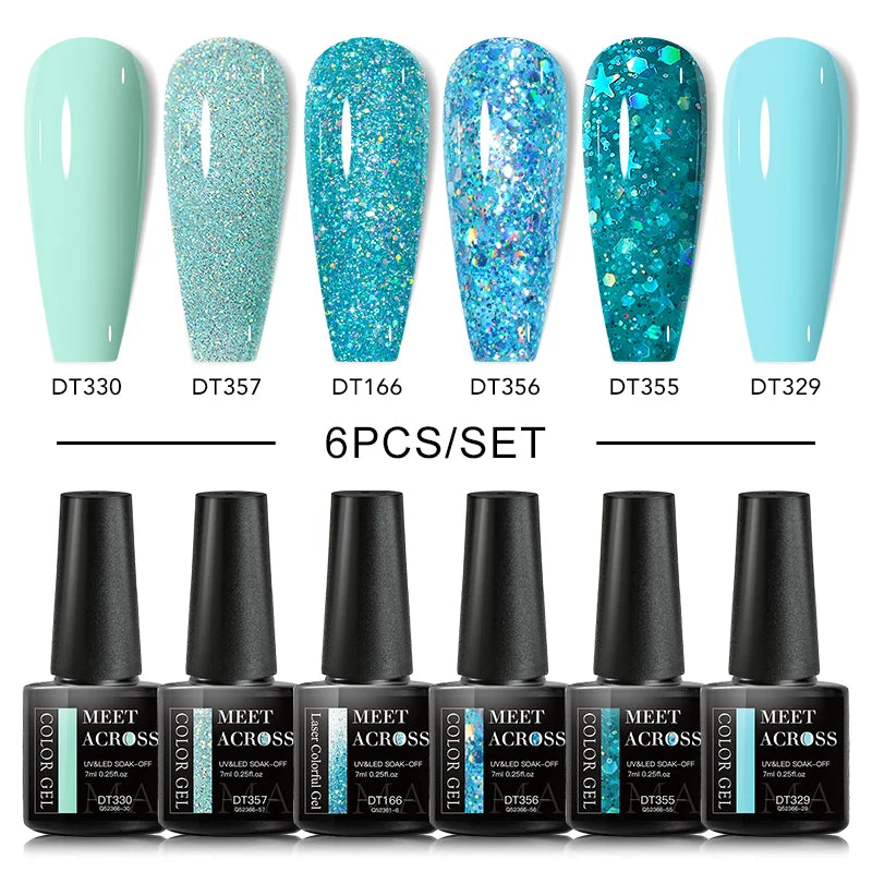 MEET ACROSS 6PCS/SET Macaron Series Gel Nail Polish Set Glitter Semi Permanent UV Nail Kit Base Matte Top Coat Nail Art Manicure