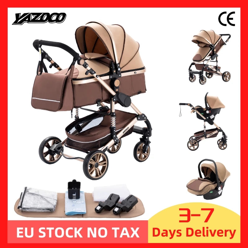Luxurious 3 in 1 Baby Stroller Portable Travel Baby Carriage Folding Prams Aluminum Frame High Landscape Car for Newborn Baby BLACK