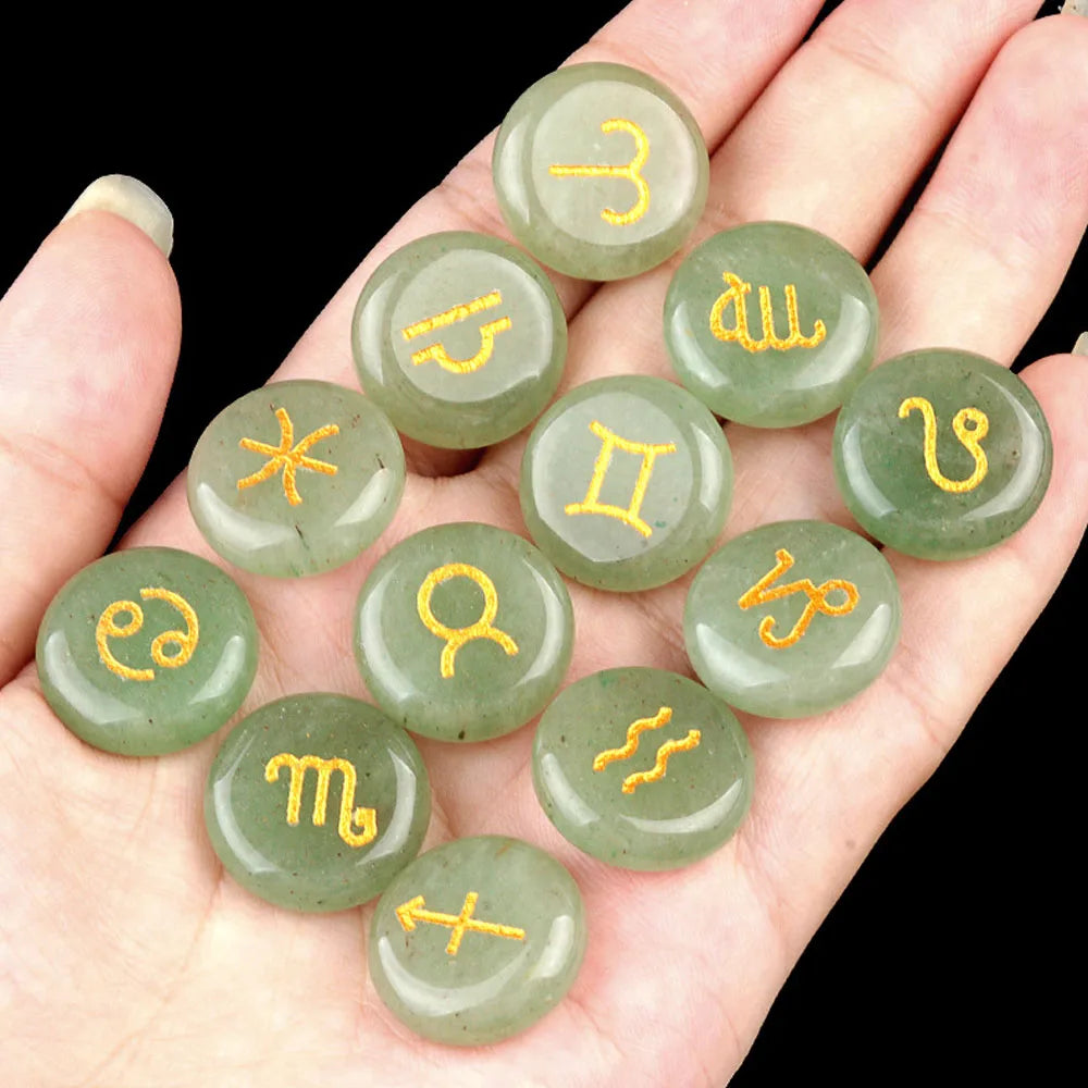 12pcs 18mm Round Zodiac Ornament Natural Stone Crystal Agate 12 Zodiac Sign Rune Reiki Stone Jewelry Accessories Christmas Gift