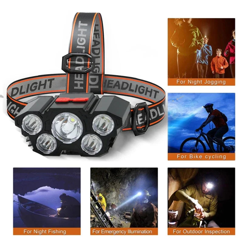 5 LED Headlamp Rechargeable with Built in Battery Strong Light Headlight Camping Adventure Fishing Head Light Flashlight